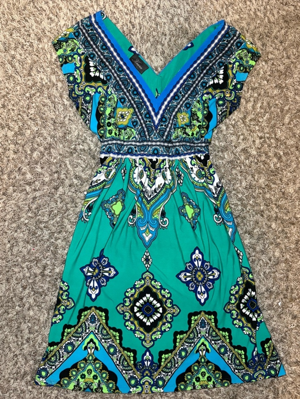Kiara Teal and Blue Printed V-Neck Mini Dress